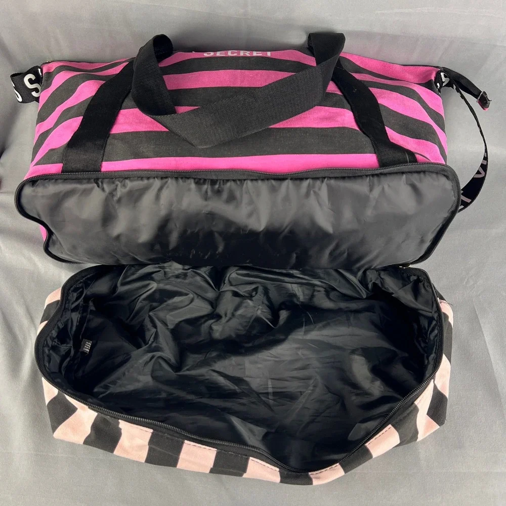 Victoria's Secret Weekender Tote Bag Women Black Pink Striped Bottom Zip Storage